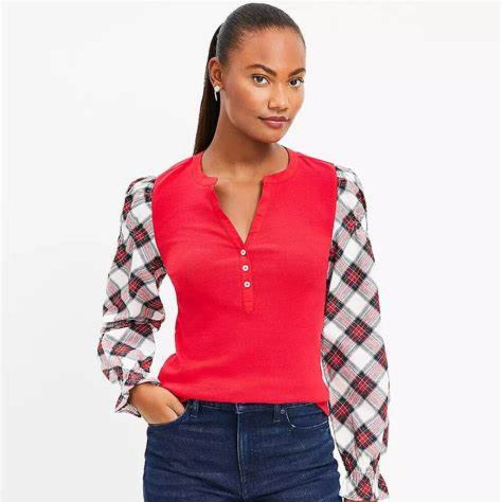 Loft Nwt Plaid Henley Mixed Media Top Med